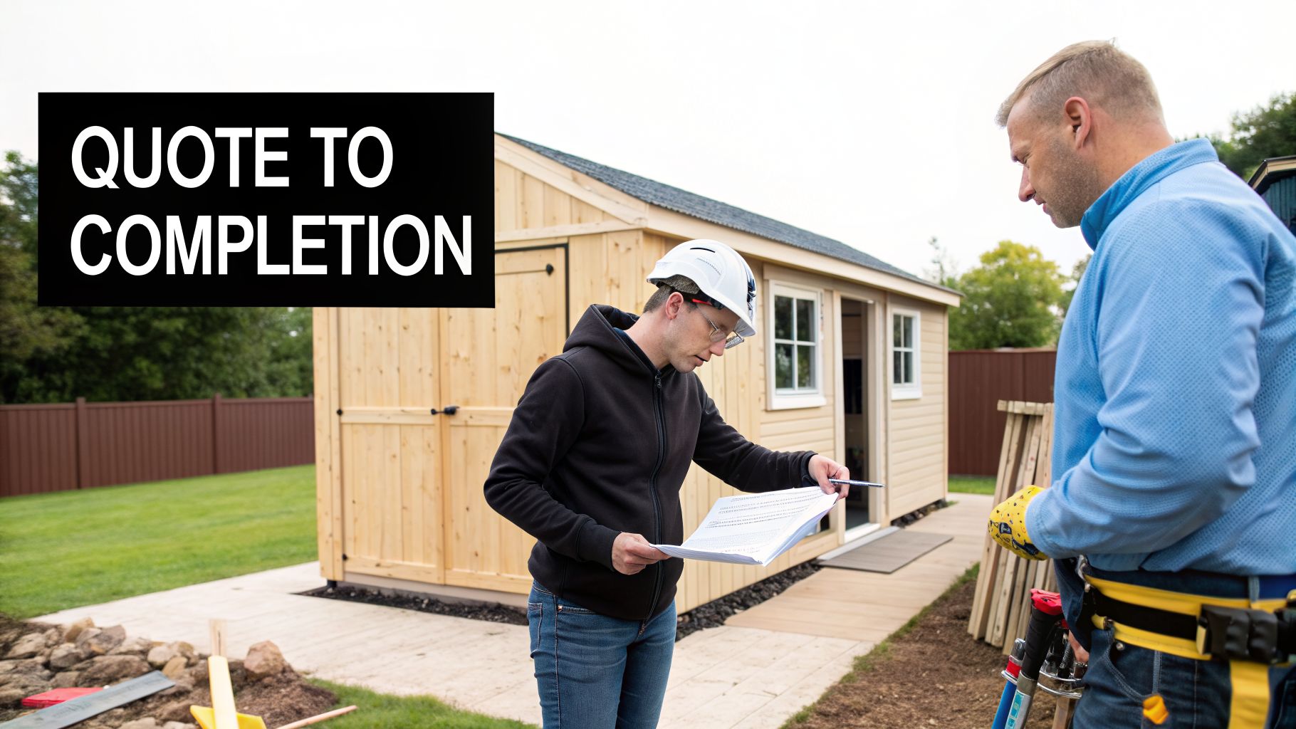Two construction workers or builders review plans in front of a newly built wooden shed.