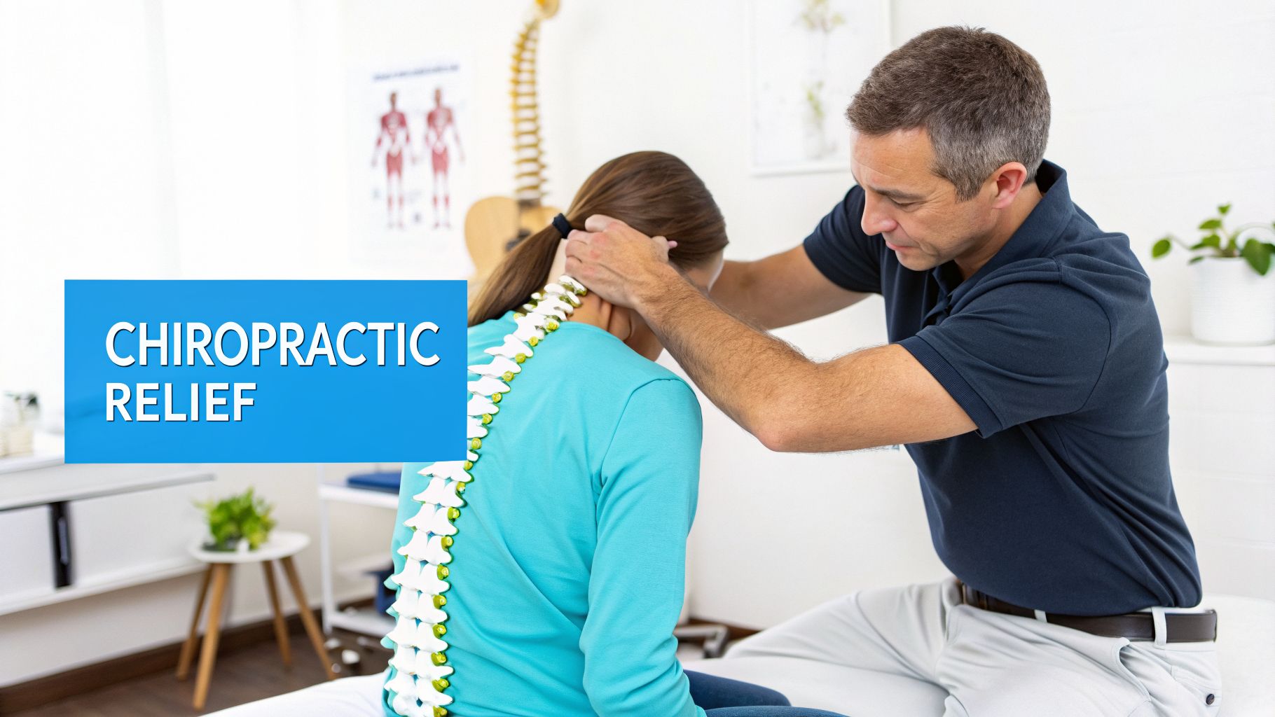A chiropractor adjusts a patient's neck, illustrating relief with a visible spine model in a clinic.