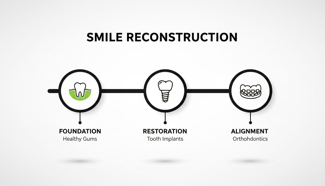 A diagram illustrating the three steps of smile reconstruction: foundation (healthy gums), restoration (tooth implants), and alignment (orthodontics).