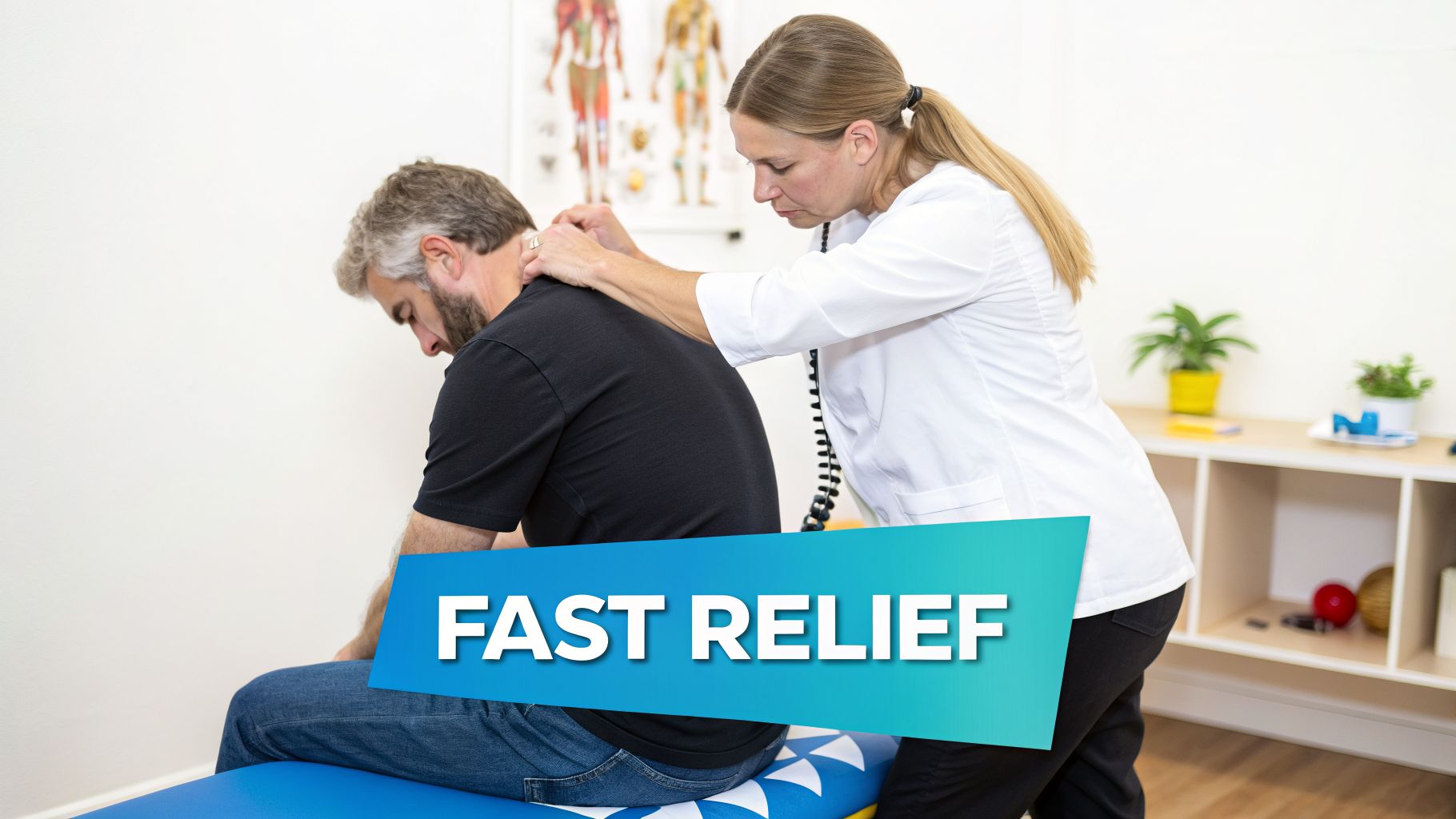 A female chiropractor performs a neck adjustment on a male patient sitting on an examination table, with 'FAST RELIEF' text.