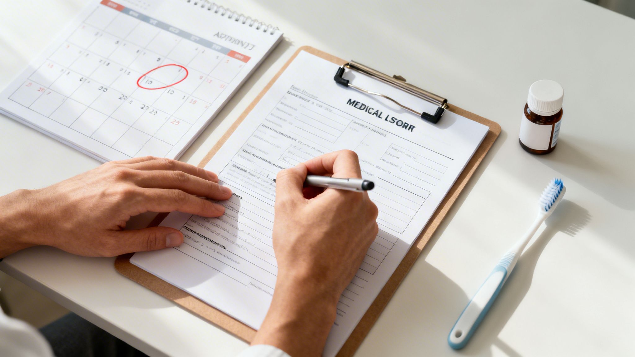 Close-up of a person filling out a medical form with a calendar, pill bottle, and toothbrush nearby.