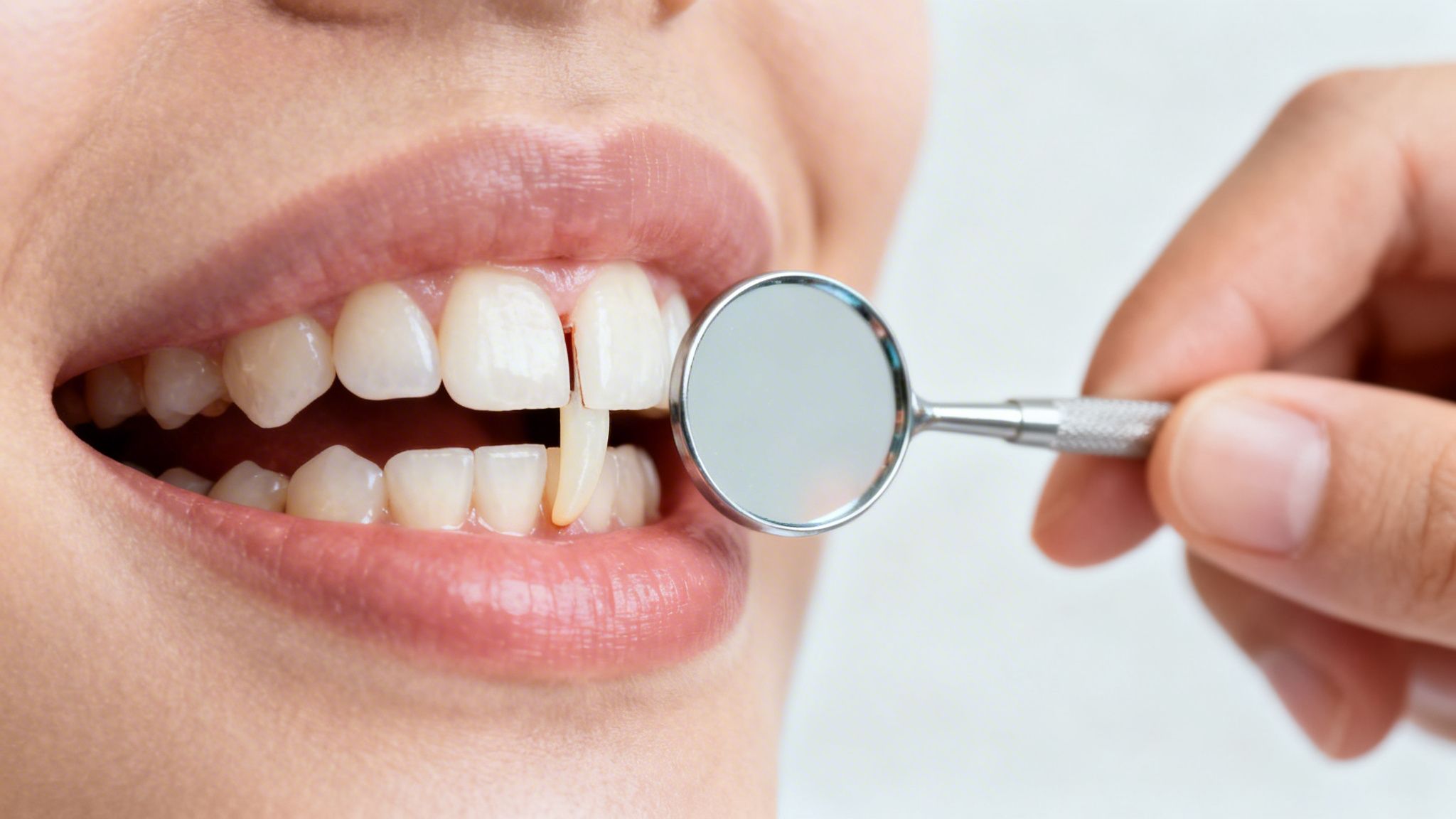 Close-up of a person's mouth with a dental mirror checking the gum line.