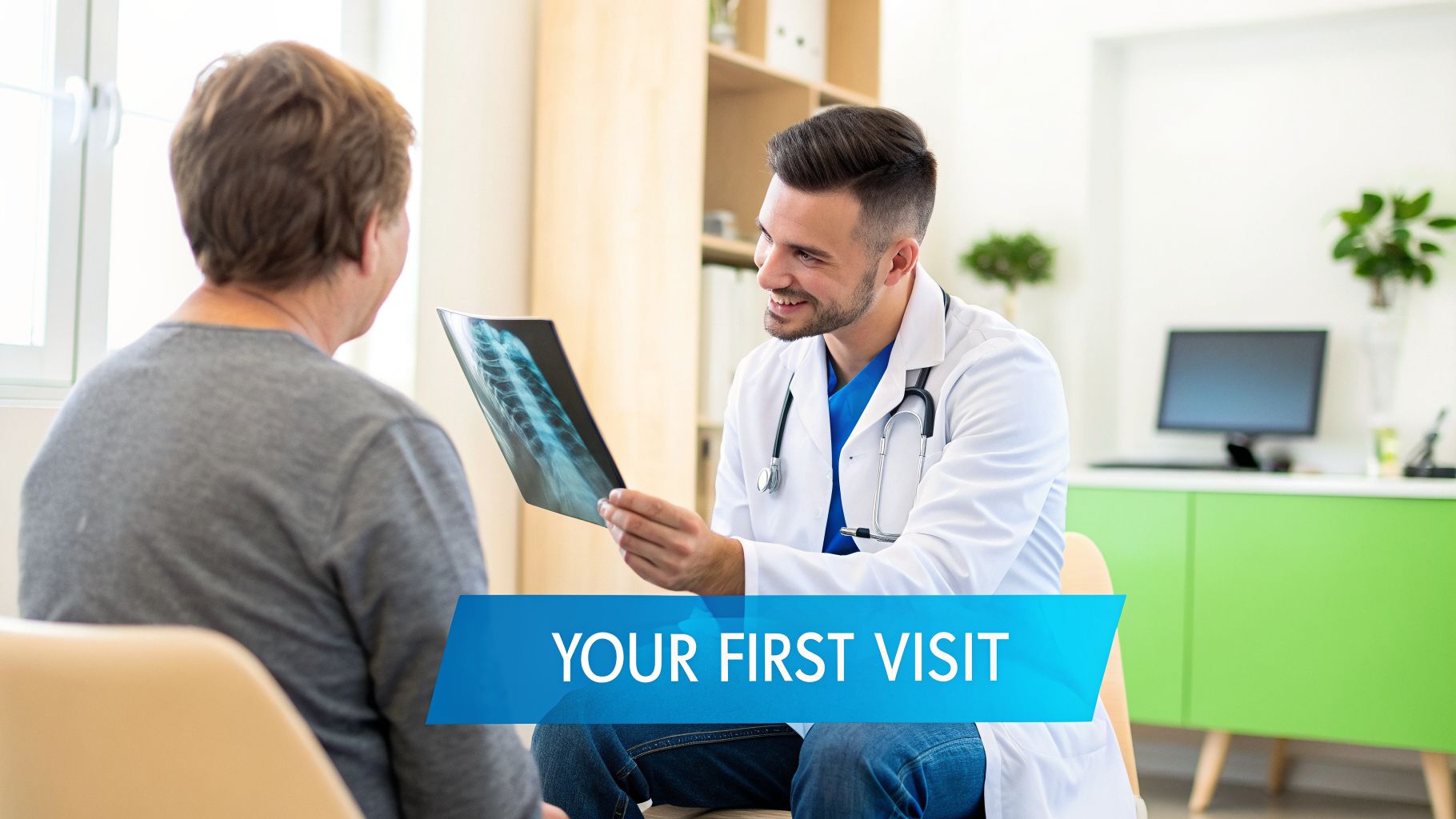 A smiling male doctor in a white coat shows an X-ray to a patient during a consultation.