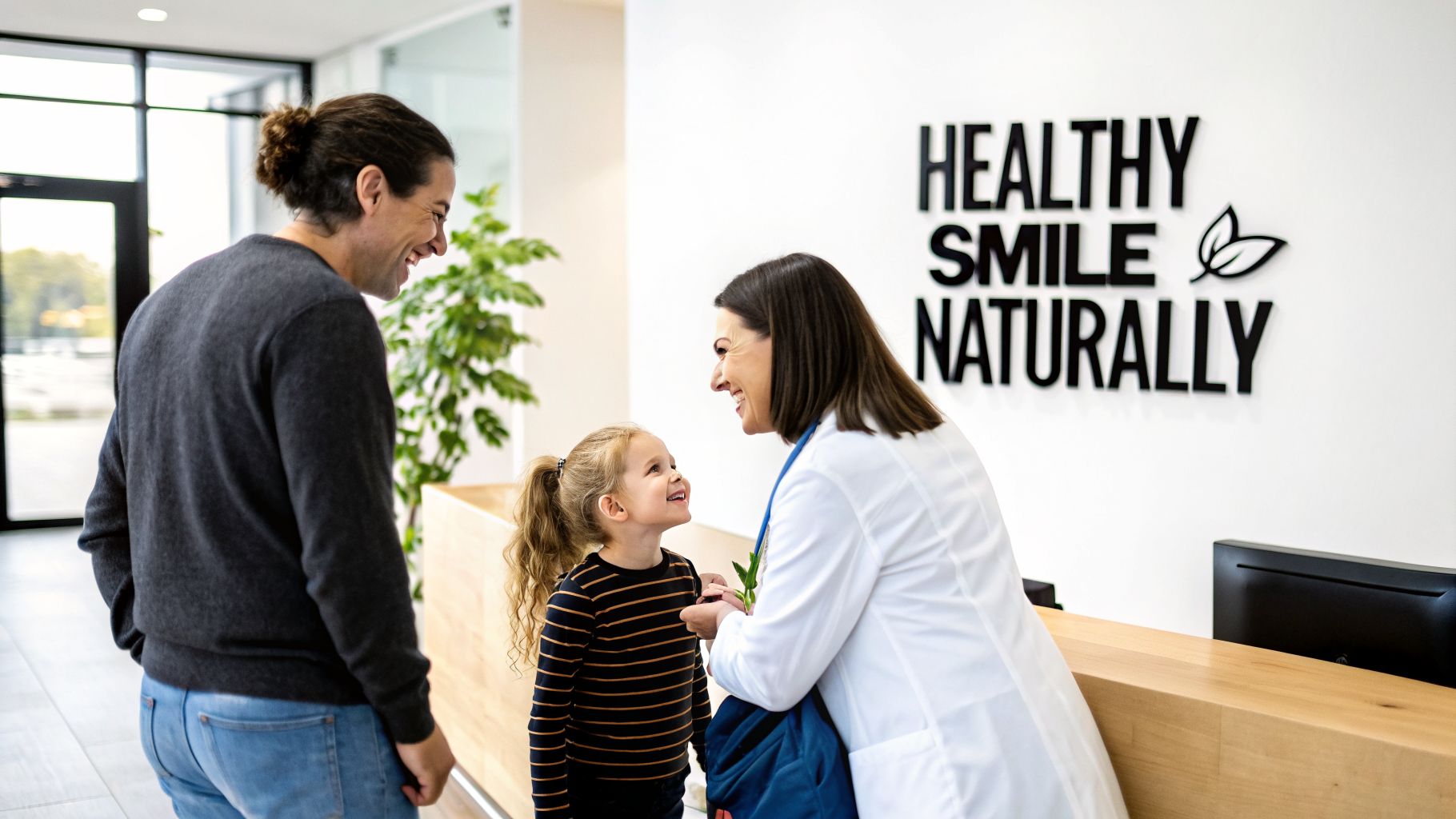 A happy father and daughter smiling with a friendly female dentist in a bright clinic.