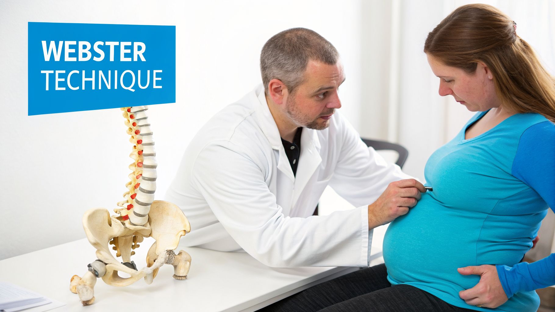 A chiropractor performs the Webster Technique on a pregnant woman in a clinical setting.