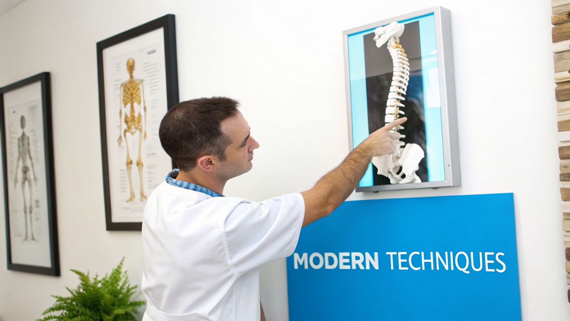 A male chiropractor in a white coat points to a human spine model on a clinic wall.