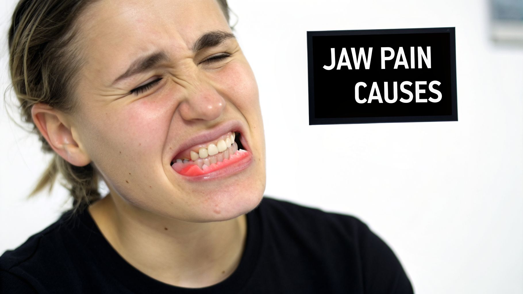 Seven Oaks - Dentistry & Sleep Medicine | Jaw Pain from Mouth Guard? Your Wesley Chapel Dentist Explains Close-up of a person grimacing in pain, revealing a mouthguard, beside a 'JAW PAIN CAUSES' sign.