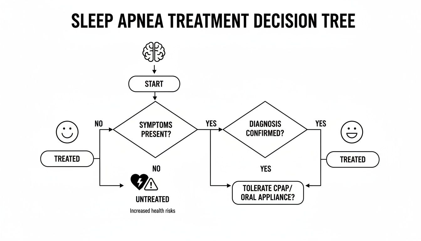 A flowchart detailing the sleep apnea treatment decision process from start to treated or untreated.