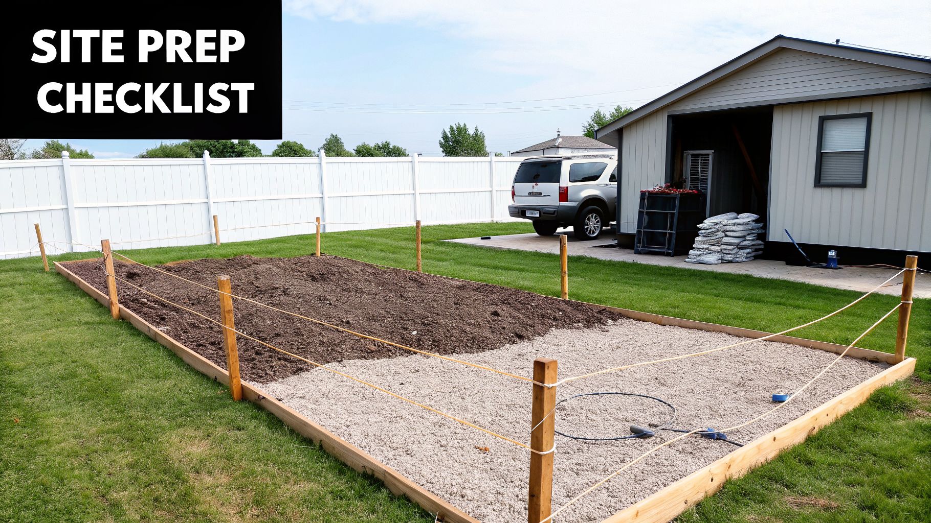 An outdoor backyard scene featuring a prepared garden bed with soil and gravel, a white fence, and a utility shed.