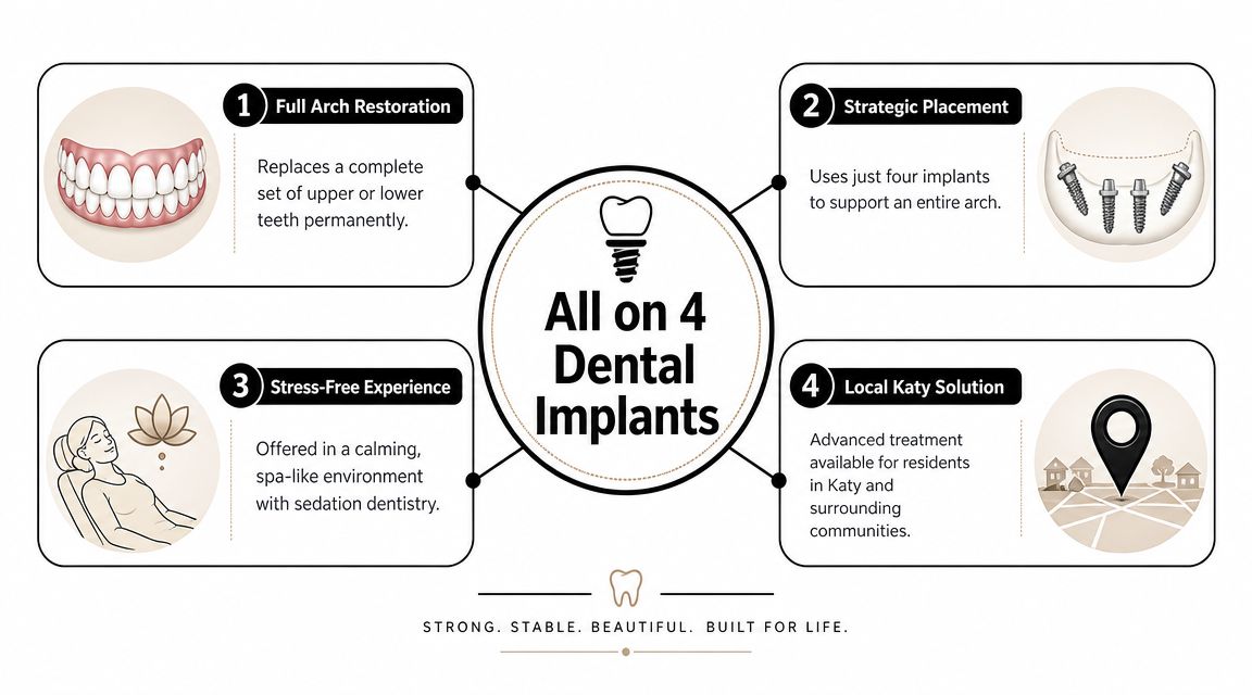 An infographic detailing the benefits of All-on-4 dental implants including full arch restoration, strategic placement, and local care.