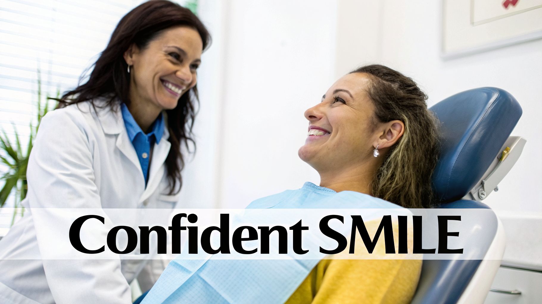 A happy dentist smiles at her patient in a dental chair, both expressing confident smiles.