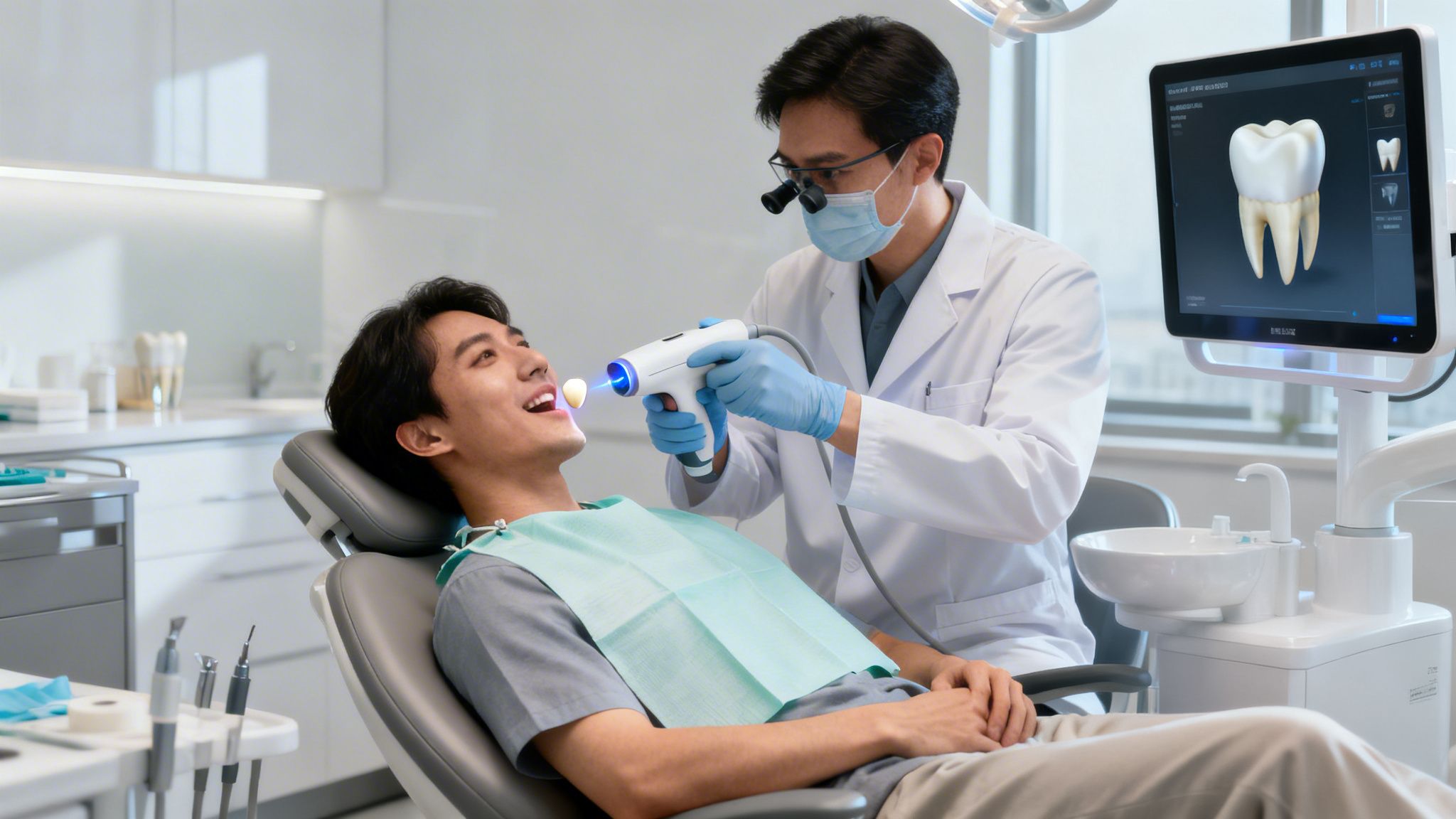 A dentist scans a male patient's teeth with a digital scanner, displaying a 3D tooth model.