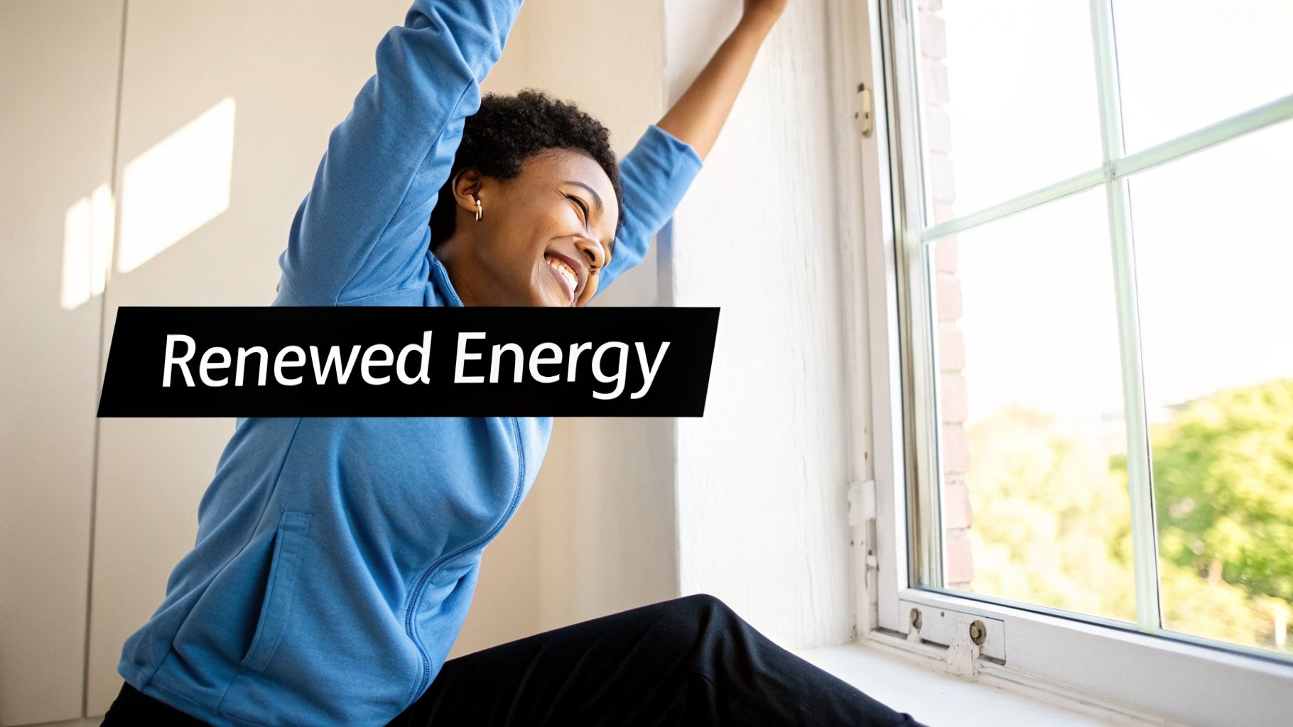 A smiling woman in a blue hoodie stretches happily by a sunlit window, representing renewed energy.