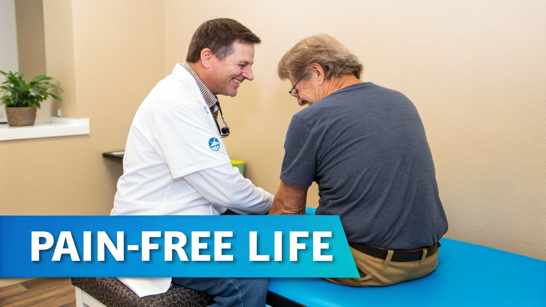 Smiling doctor interacts with an older male patient on an exam table, with a 'PAIN-FREE LIFE' banner.