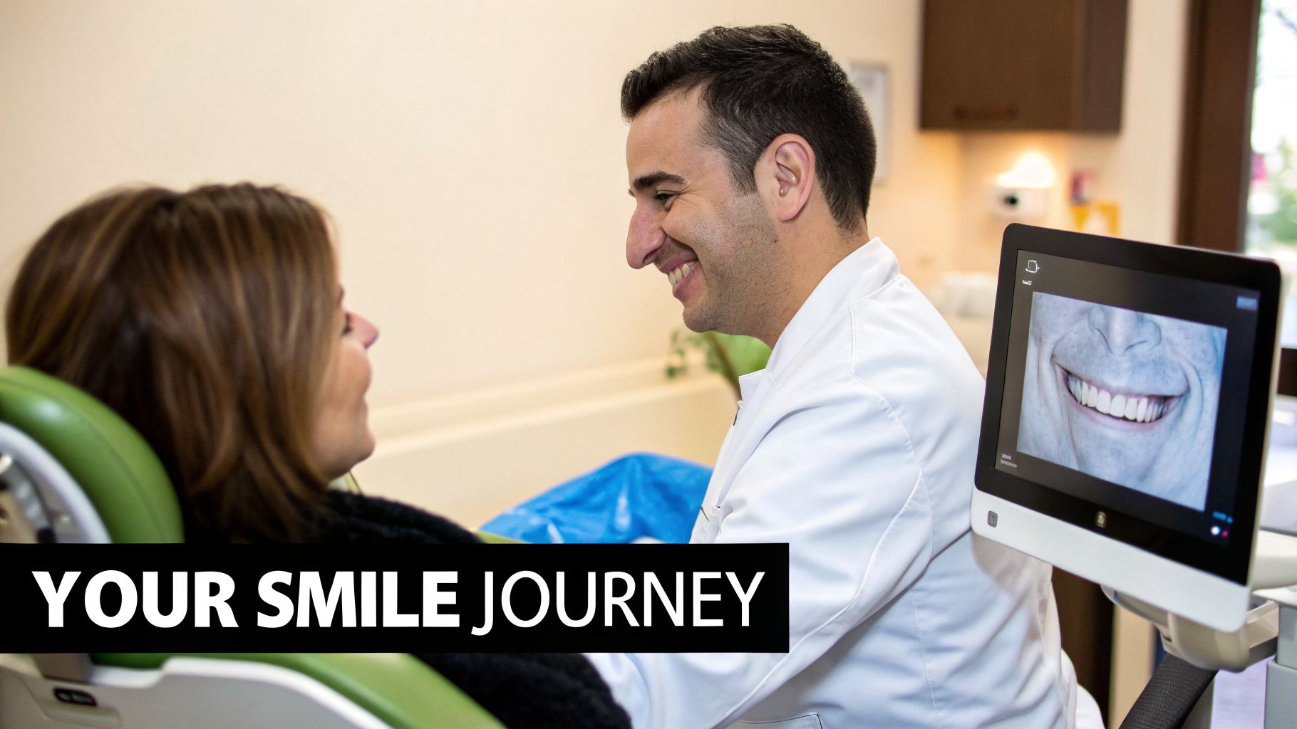 Dentist smiles at a patient in a clinic, showing a digital image of a perfect smile.