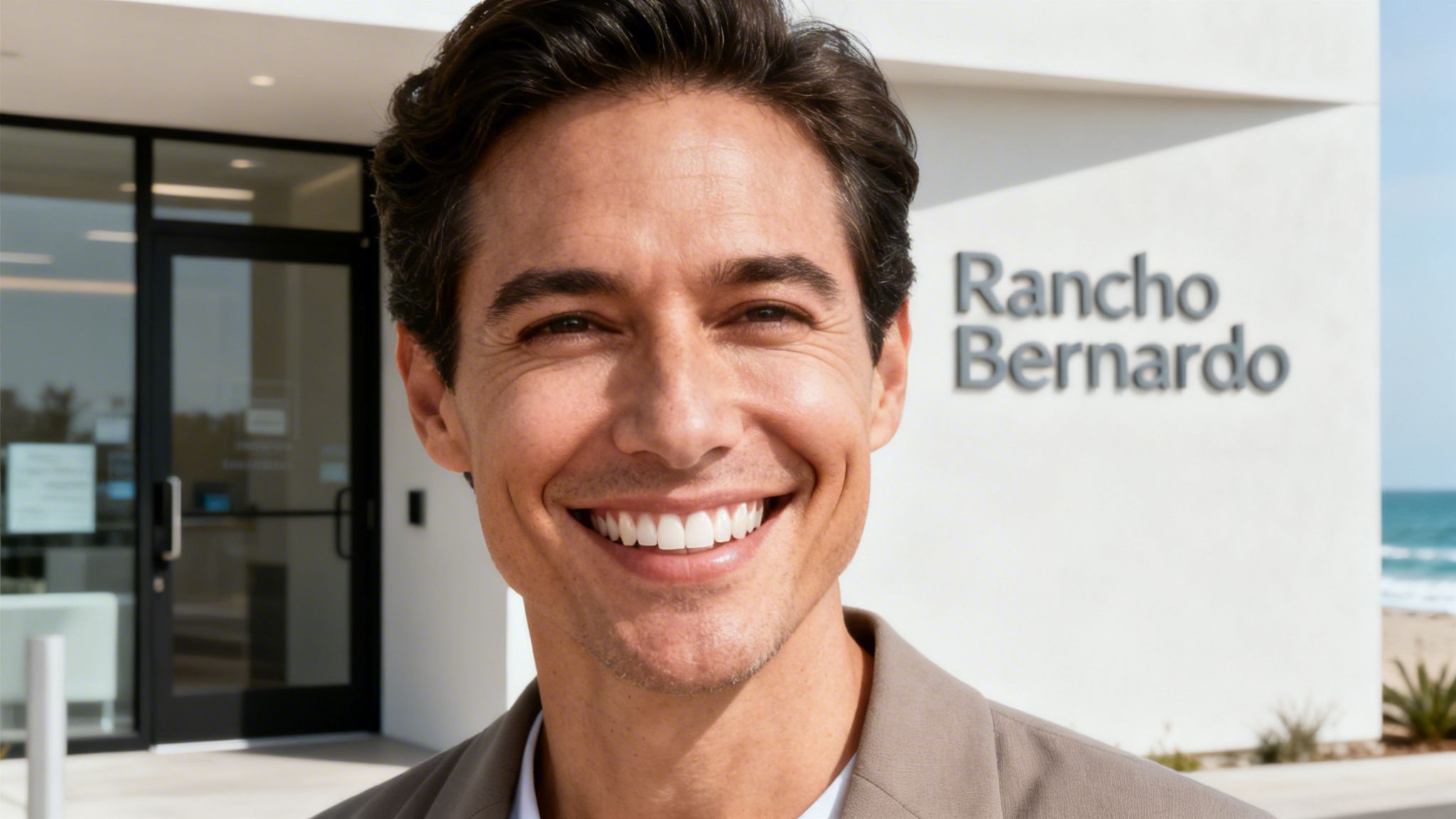 A smiling man stands outdoors in front of a building with "Rancho Bernardo" text and the ocean.
