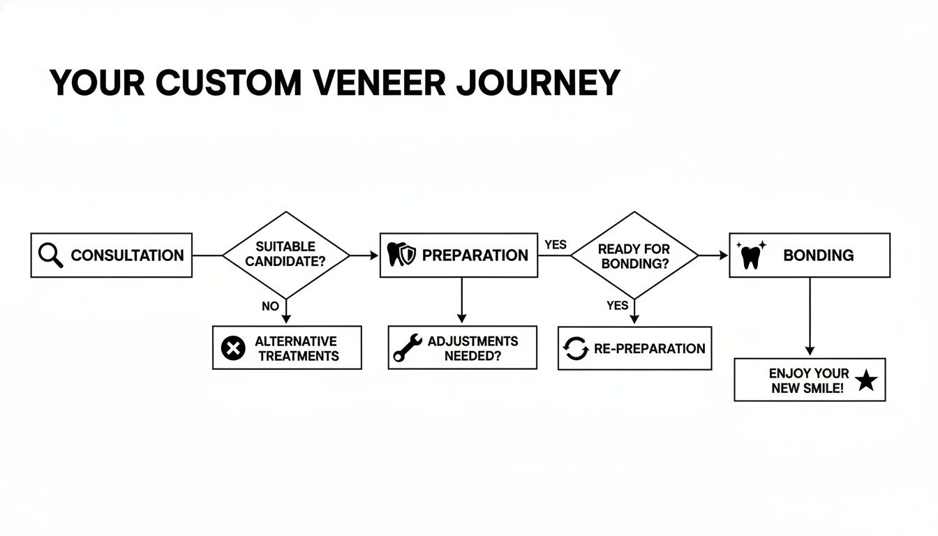 Flowchart detailing the custom veneer journey, from consultation and preparation to bonding and enjoying a new smile.