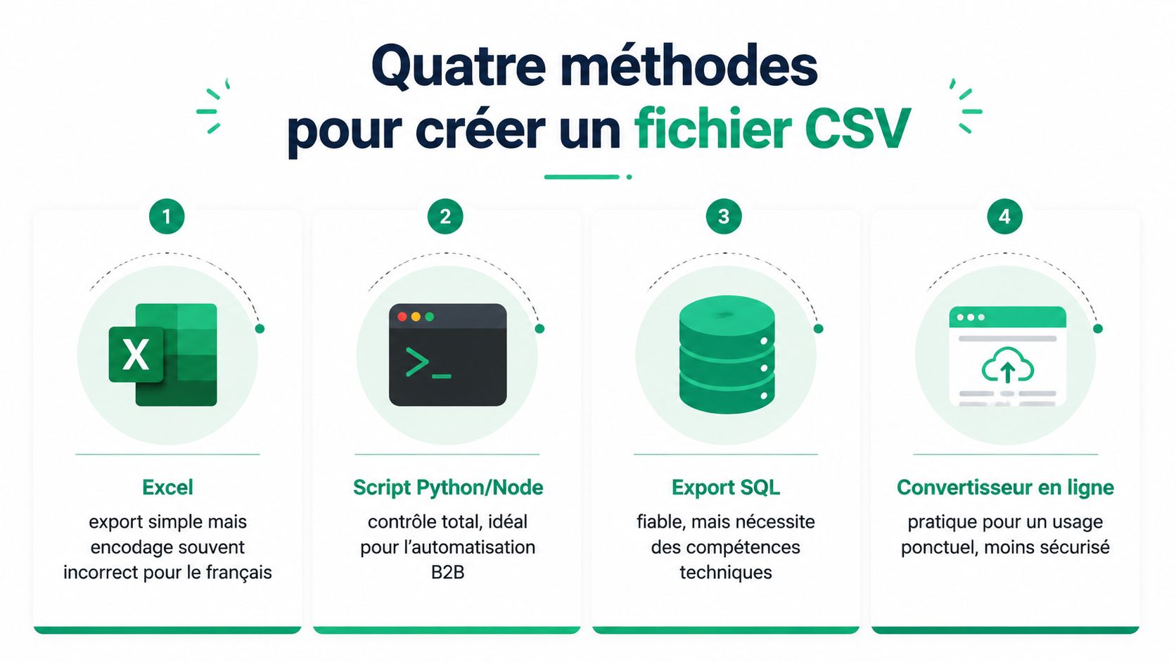 Infographie illustrant quatre méthodes pour créer un fichier CSV, incluant Excel, scripts, SQL et convertisseurs en ligne.