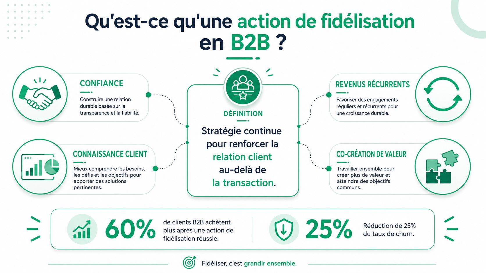 Infographie illustrant les bénéfices et la définition d'une stratégie de fidélisation client en B2B.