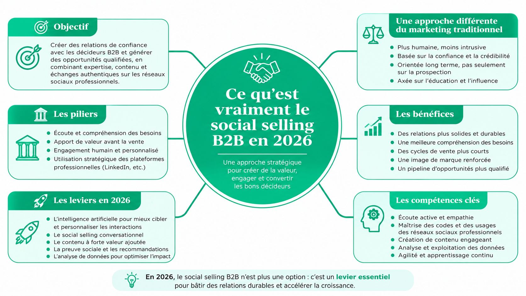 Infographie illustrant les concepts clés, les avantages et les compétences nécessaires pour le social selling B2B en 2026.