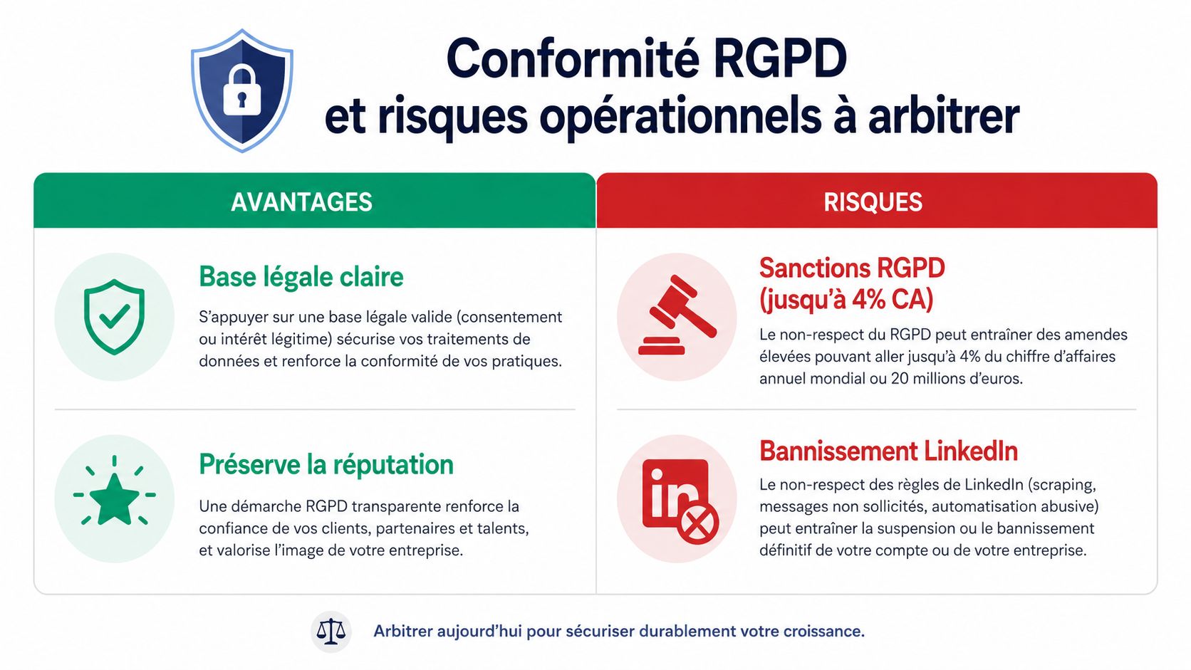 Tableau comparatif sur la conformité RGPD montrant les avantages et les risques opérationnels pour les entreprises.