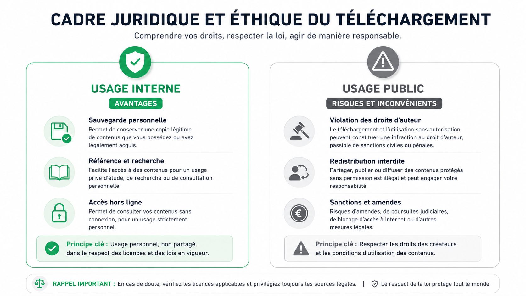 Infographie illustrant les aspects juridiques et éthiques du téléchargement, comparant l'usage interne et l'usage public responsable.