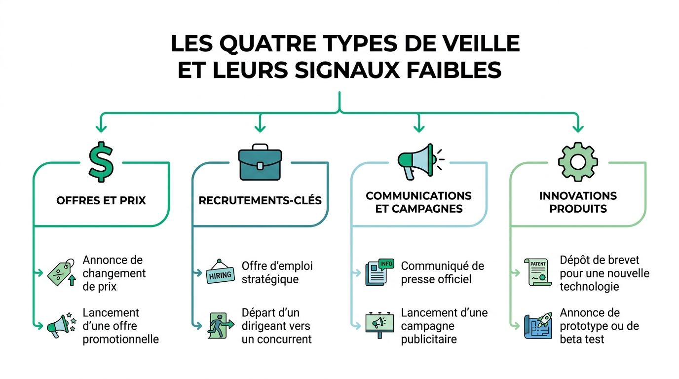 Schéma illustrant les quatre types de veille stratégique et les signaux faibles associés dans une entreprise.