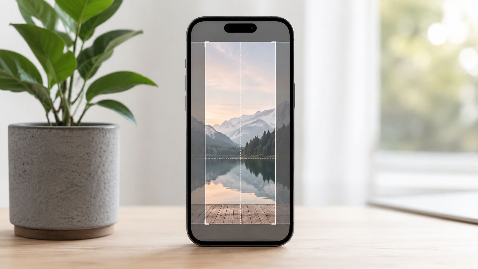 Un smartphone affichant un outil de recadrage pour le format vertical des stories Instagram sur un bureau.