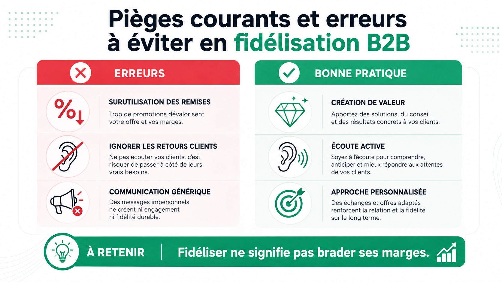 Infographie présentant les erreurs à éviter et les bonnes pratiques pour la fidélisation client en B2B.