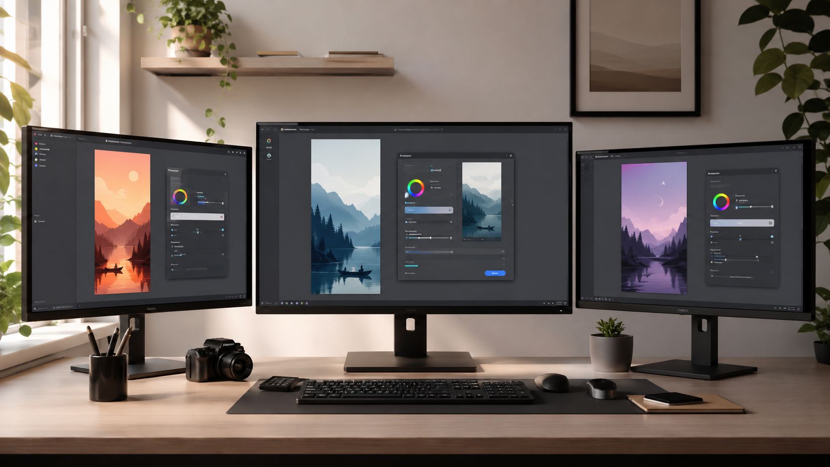 Un espace de travail moderne avec trois moniteurs affichant des outils de conception pour les stories Instagram.