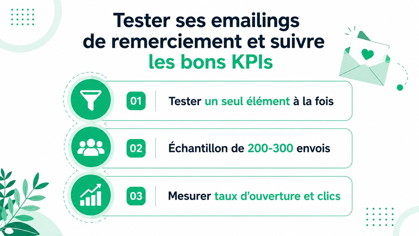 Infographie illustrant trois conseils pour tester ses emails de remerciement et optimiser ses performances marketing.