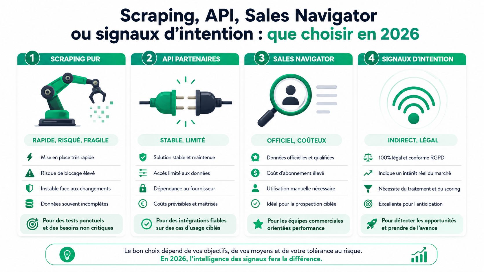 Comparaison entre scraping, API, LinkedIn Sales Navigator et signaux d'intention pour la prospection commerciale en 2026.