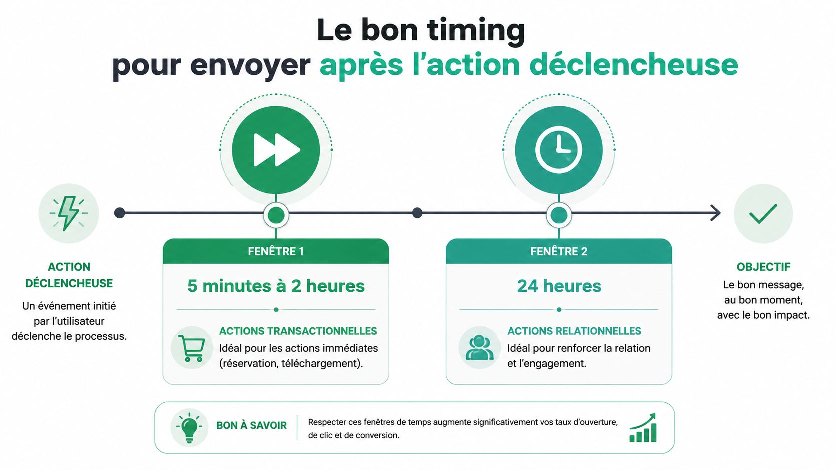Infographie illustrant le timing idéal pour envoyer des emails après une action utilisateur sur un site web.