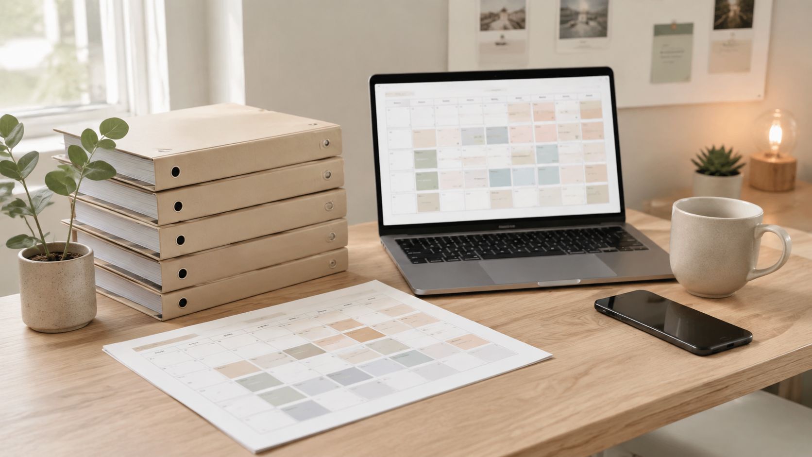 Un espace de travail organisé avec un ordinateur portable, un calendrier, des dossiers et une tasse de café.