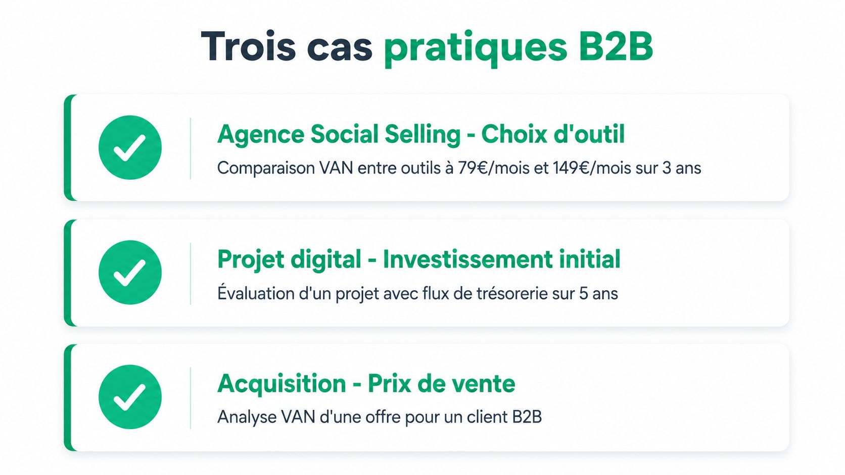 Trois exemples concrets d'utilisation de la valeur actuelle nette pour des décisions stratégiques en contexte B2B.