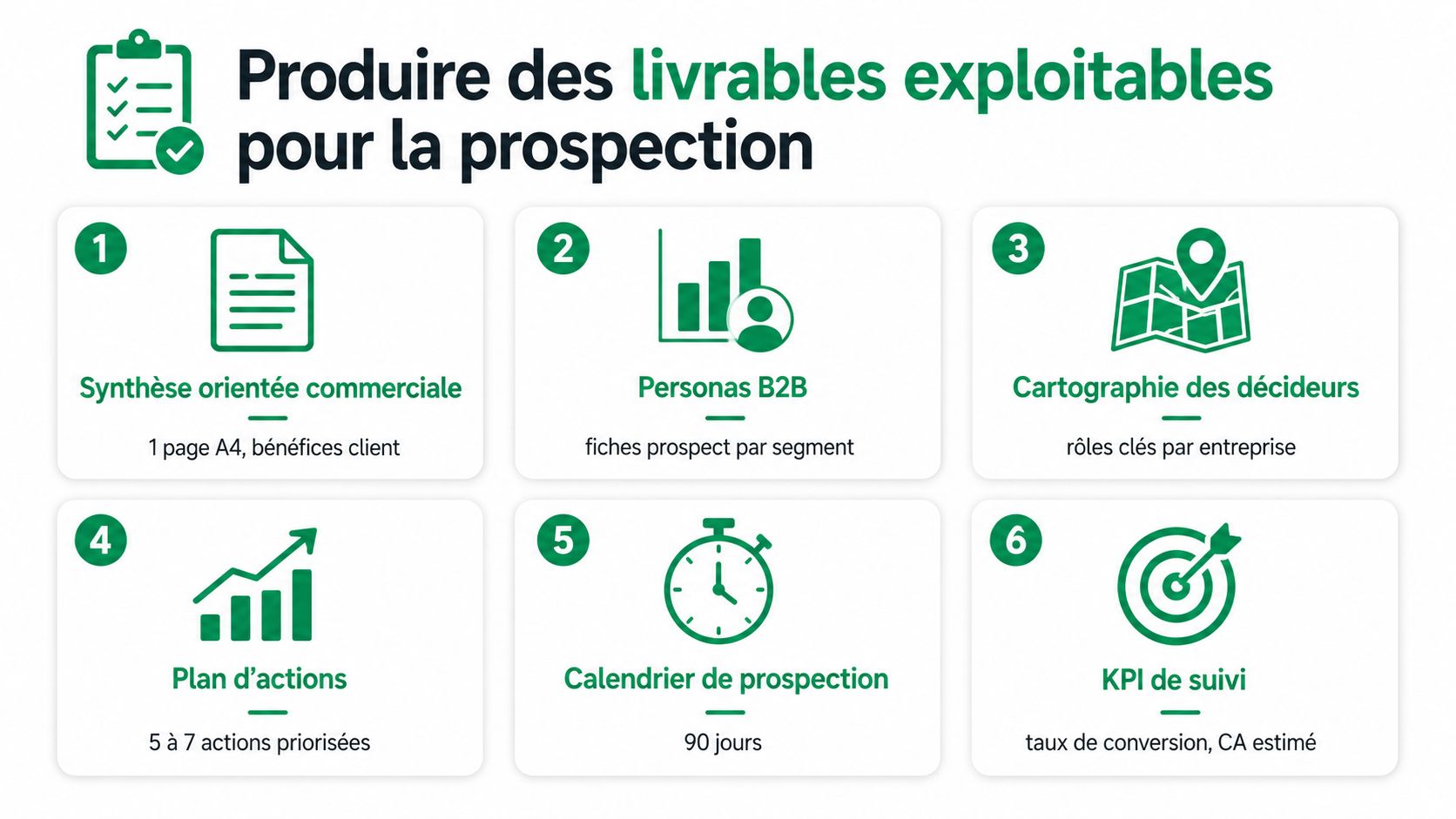 Infographie illustrant six étapes clés pour créer des documents de prospection commerciale exploitables et performants.