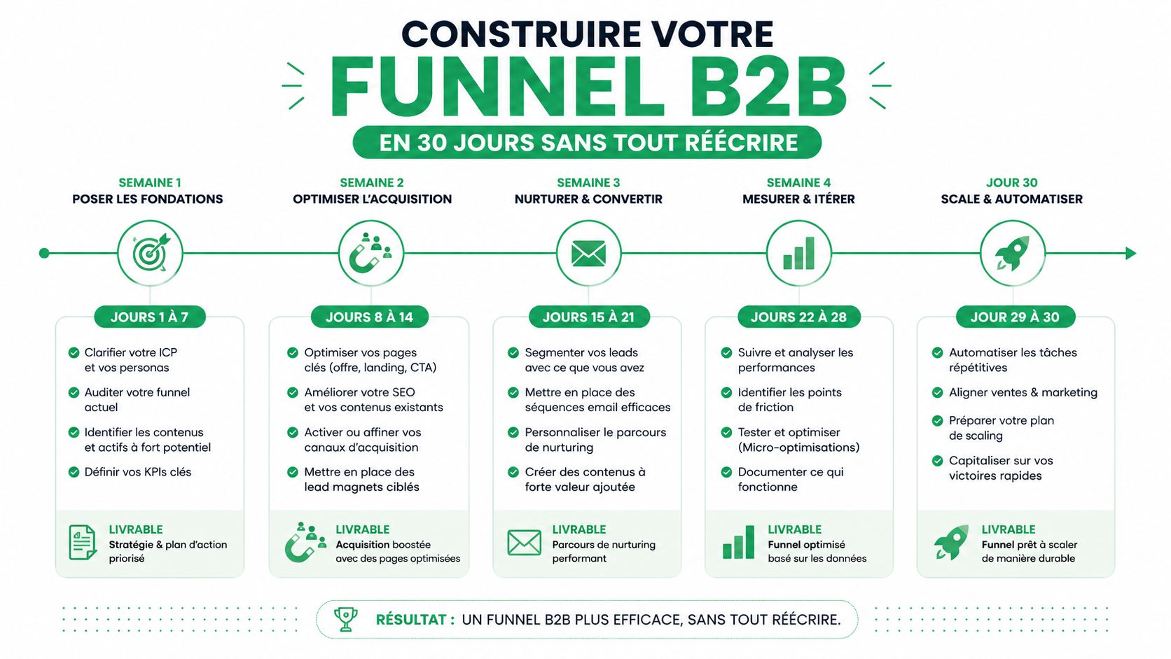 Un plan stratégique visuel sur 30 jours pour optimiser et construire un tunnel de vente B2B efficace.