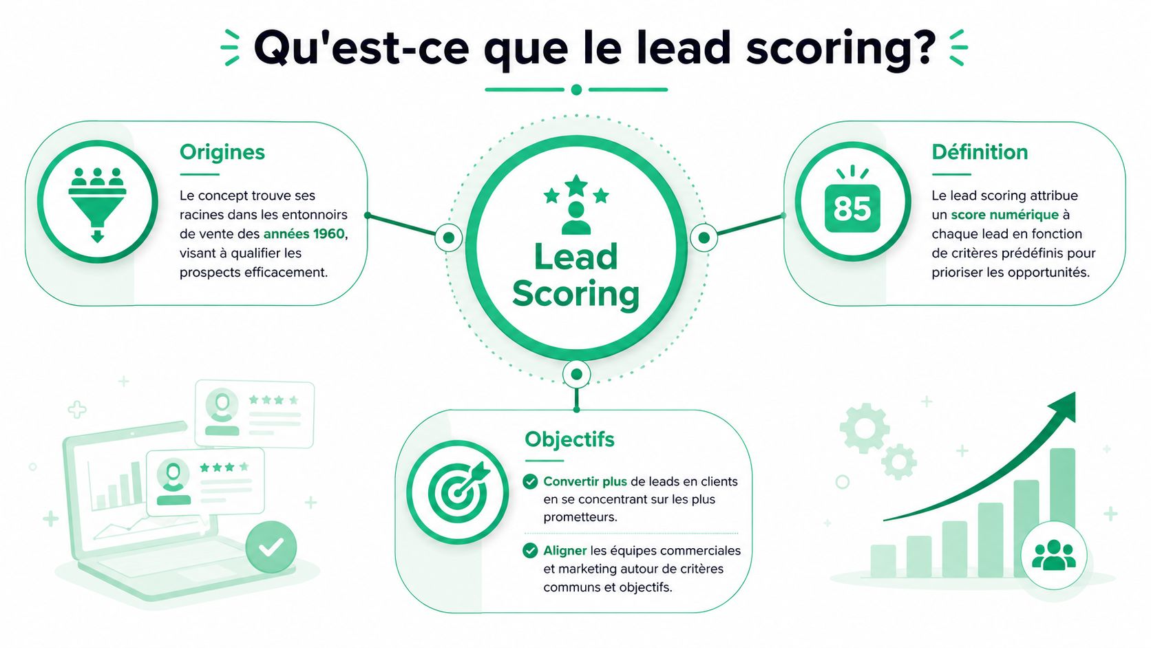 Infographie explicative présentant les origines, la définition et les objectifs principaux du concept de lead scoring marketing.