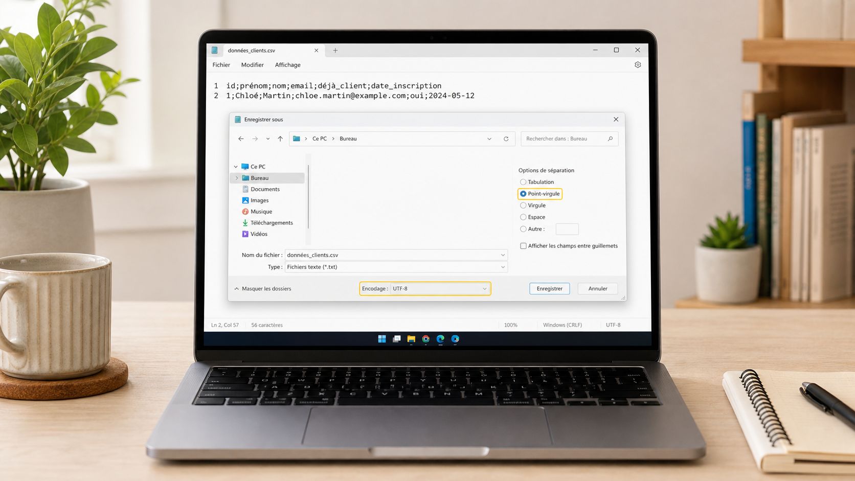Capture d'écran montrant l'interface Windows pour enregistrer un fichier CSV avec des options de séparateur configurées.