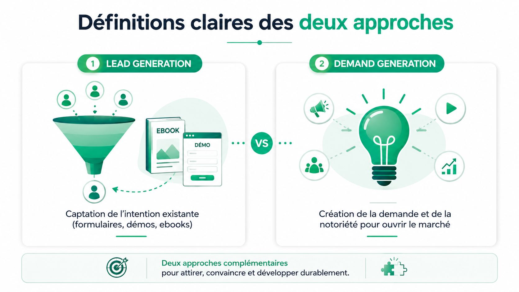 Une infographie comparant les stratégies de génération de leads et de génération de demande en marketing digital.