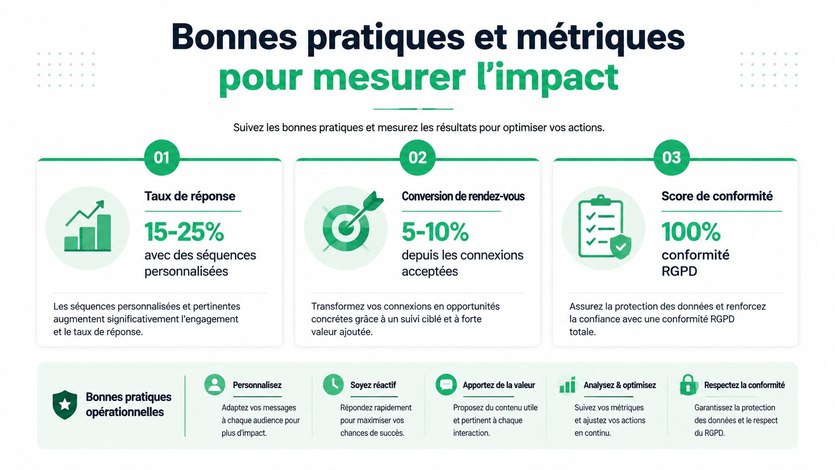 Infographie présentant les bonnes pratiques et métriques clés pour optimiser la prospection sur LinkedIn et mesurer l'impact.