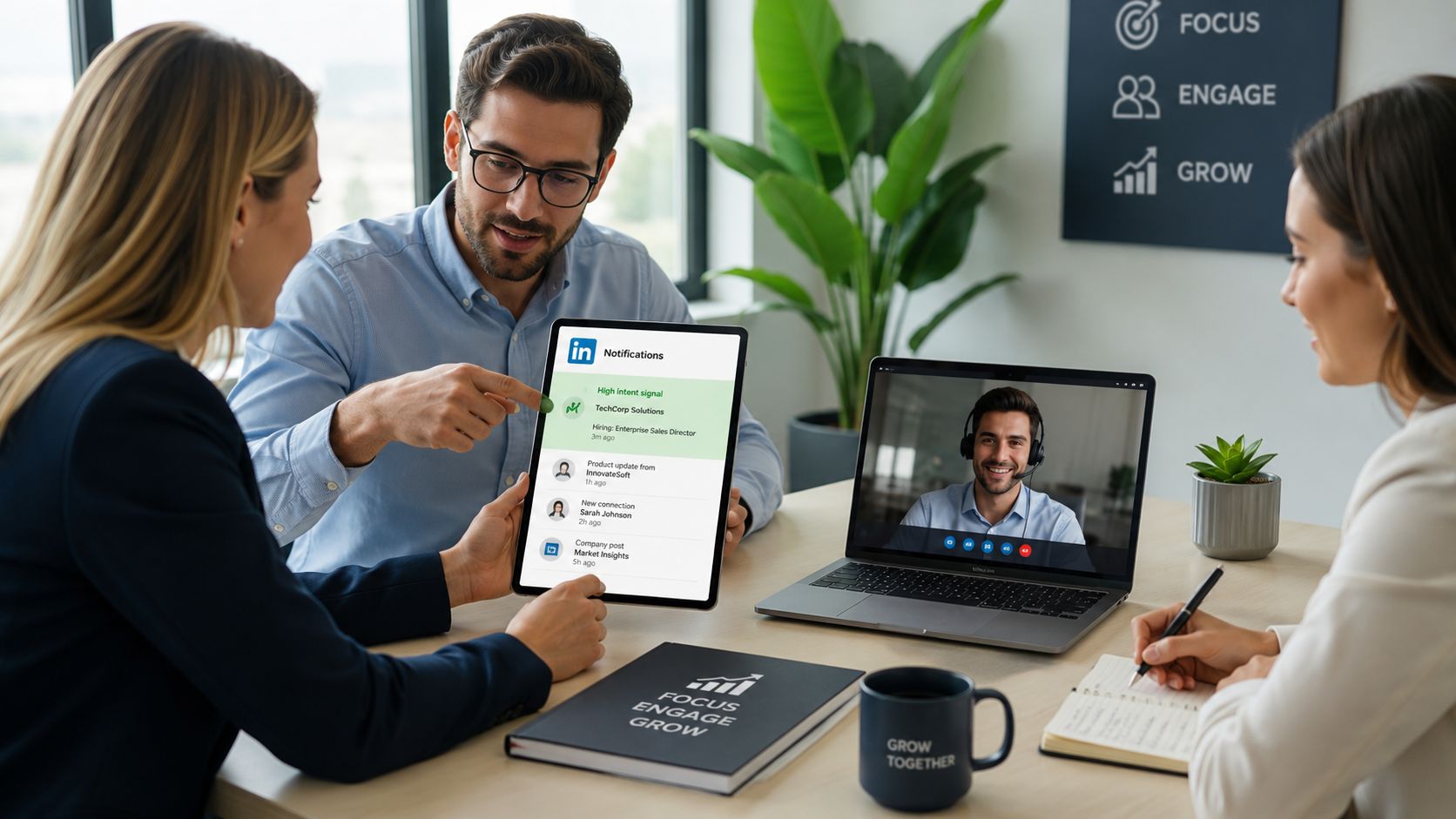 Une équipe professionnelle collaborant lors d'une réunion au bureau avec une tablette et un ordinateur portable.