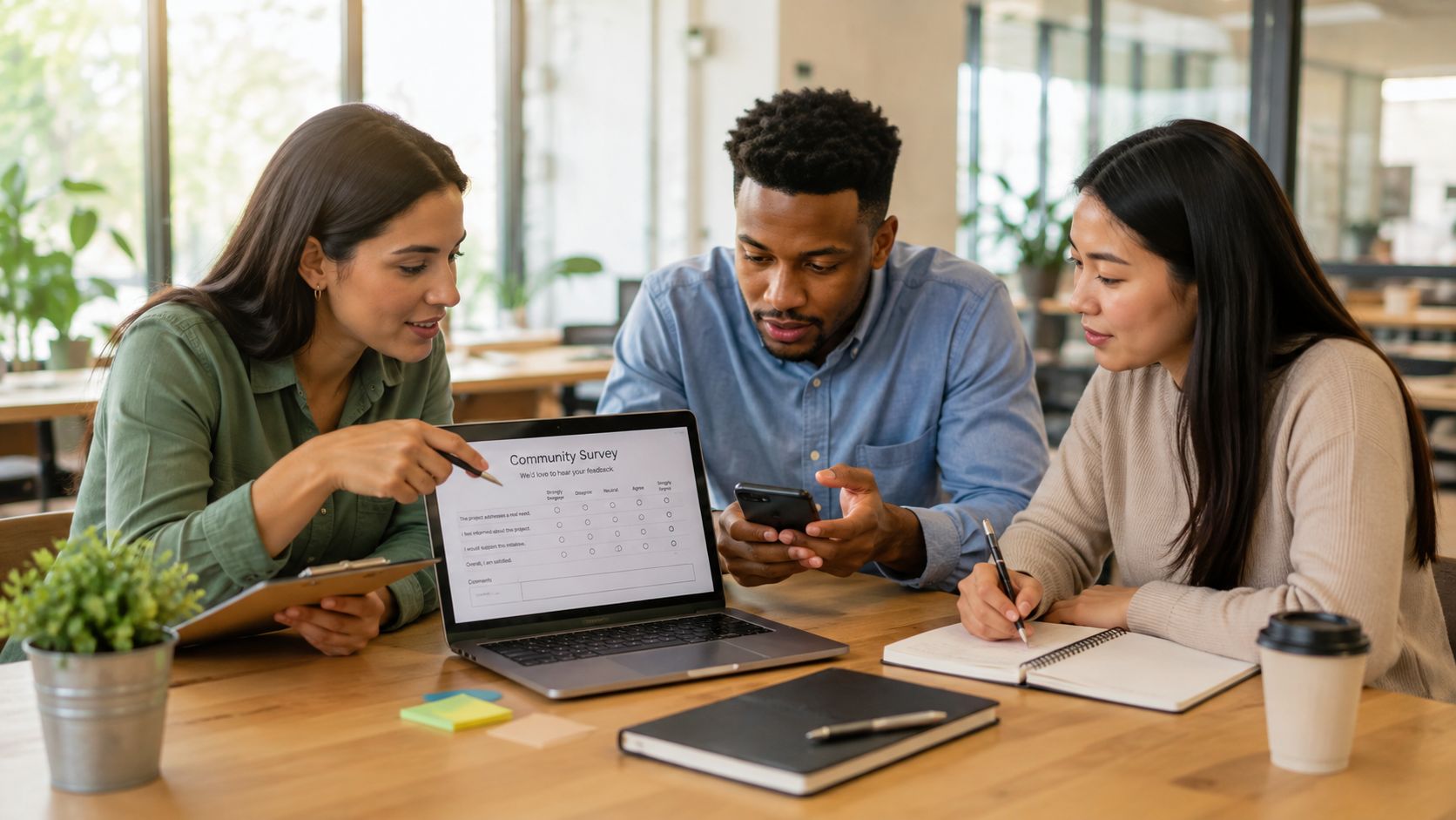 Trois collègues diversifiés collaborent sur une étude de marché en ligne dans un bureau lumineux et moderne.