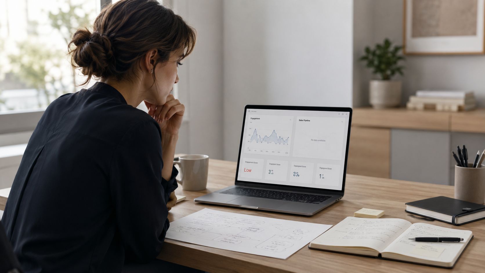 Une professionnelle travaillant sur un ordinateur portable analysant des graphiques de performance marketing à son bureau.