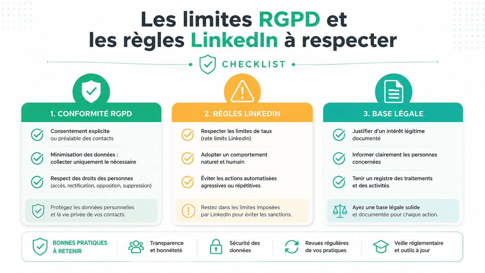 Une infographie présentant une liste de contrôle pour la conformité RGPD et les règles d'utilisation de LinkedIn.