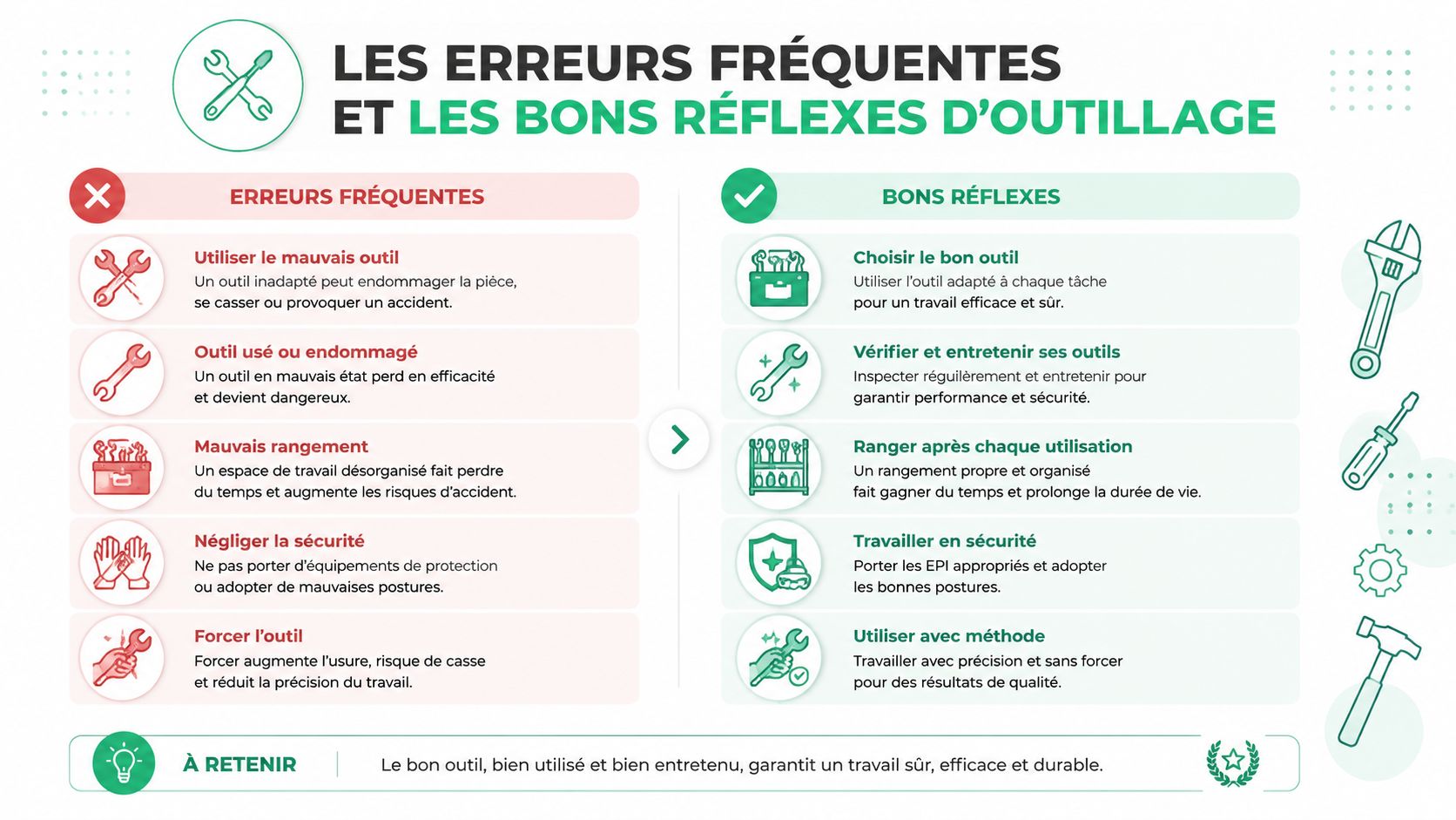 Une infographie sur les erreurs fréquentes d'outillage et les bons réflexes pour travailler en toute sécurité.