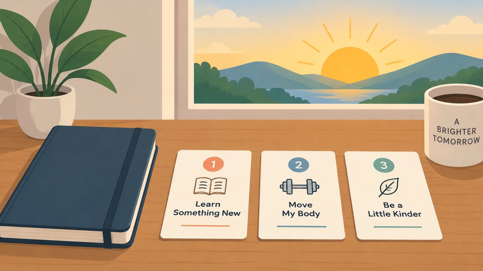 A peaceful desk workspace featuring a notebook, a coffee mug, and three daily task cards.