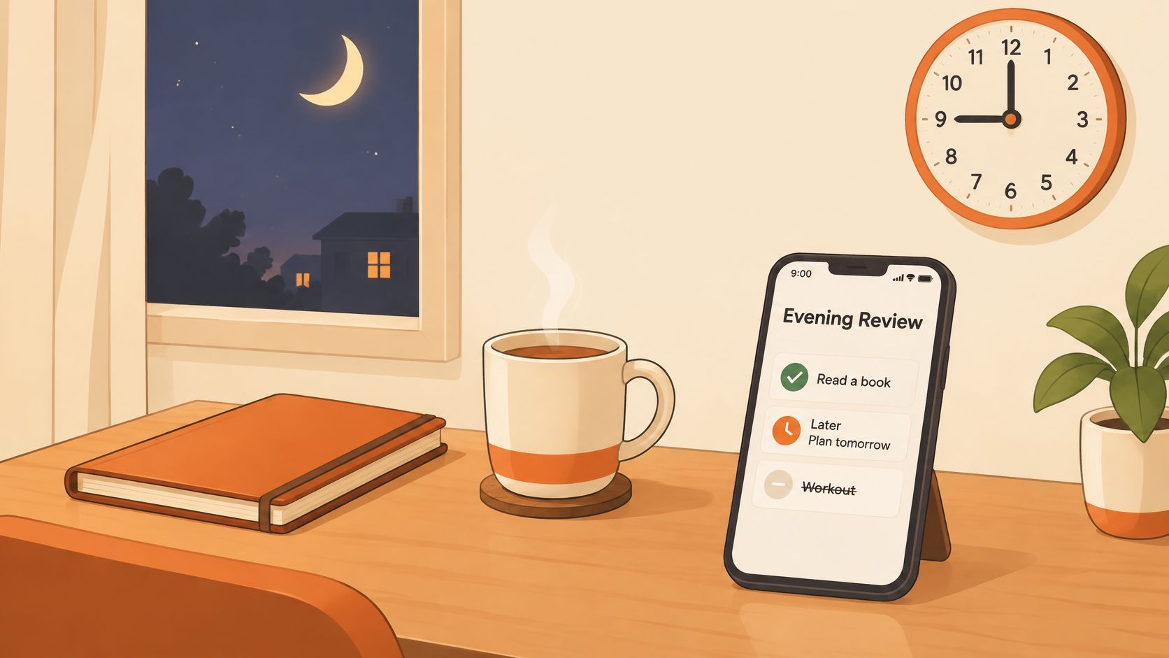 A cozy evening desk setup featuring a glowing smartphone displaying a to-do list, a warm cup, and book.