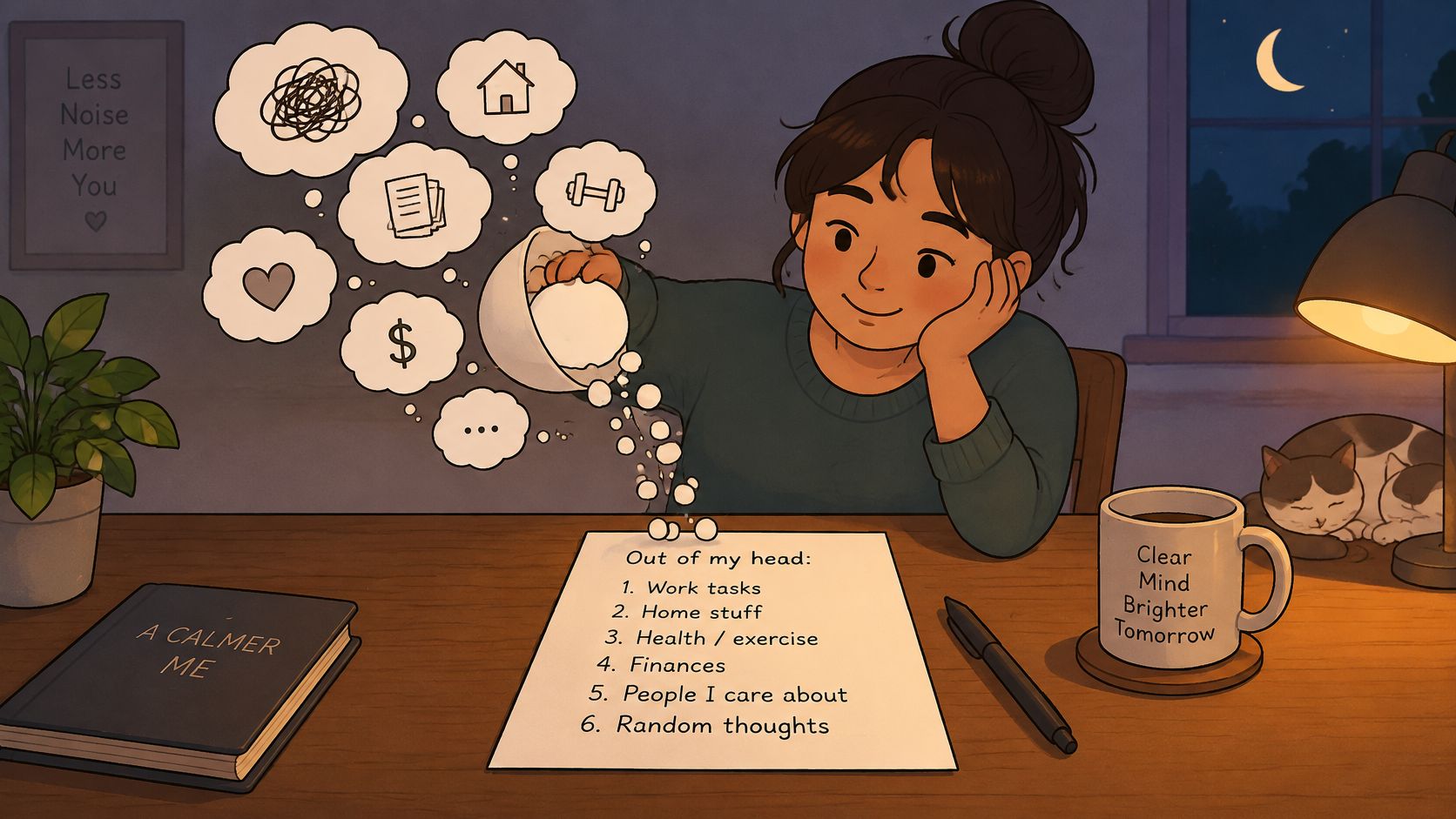 A girl sitting at a desk at night emptying her thoughts into a written list for clarity.