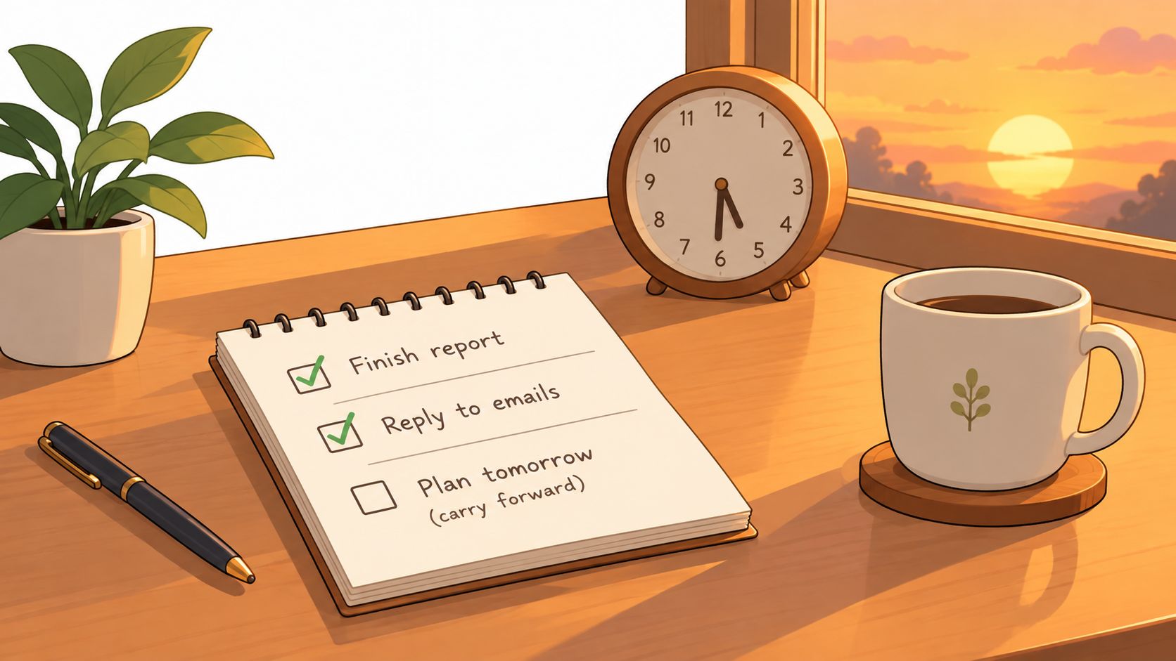 A cozy desk with a checklist, coffee, and a clock at sunset, representing an end of day routine.
